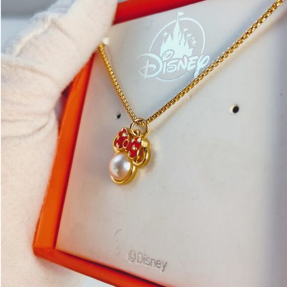 Disney Minnie Mouse Gold-Toned Necklace Pearl Red Bow New - Picture 5 of 7